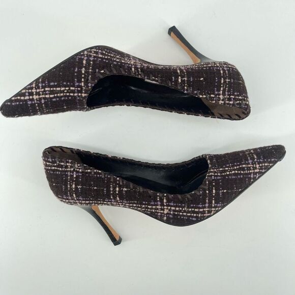 Manolo Blahnik BB Tweed Whipstitch Pumps Pointed Toe Purple Brown 37.5 / 7.5 - Picture 7 of 15